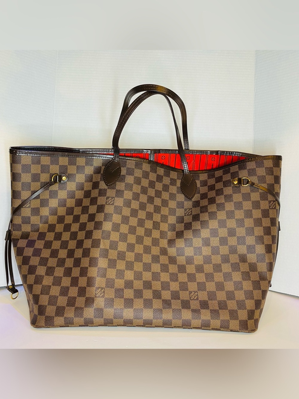 Louis Vuitton Neverfull Large Brown Checkered Tote with Red Interior